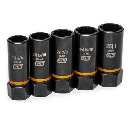 A row of the five black GEARWRENCH Bolt Biter deep extraction sockets, marked with their dual SAE/Metric sizes and Cr-Mo material stamp.