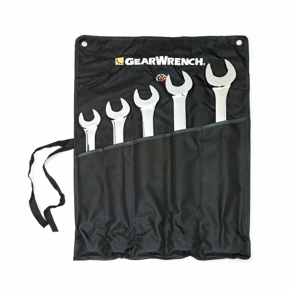 GEARWRENCH-branded tool roll containing five open-end wrenches of varying sizes. The black fabric roll has individual pockets and securing straps for organized storage. Wrenches are arranged from smallest to largest left to right.