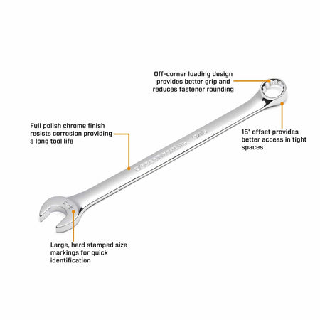 Labeled image of a GEARWRENCH combination wrench highlighting features such as off-corner loading, 15° offset box end, full polish chrome finish, and large stamped size markings. Designed for better grip, access, and tool life.