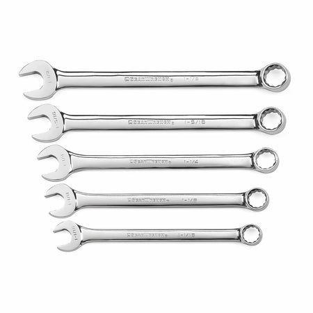 Set of five CRAFTSMAN combination wrenches arranged horizontally. Each wrench has an open-end and a box-end, with engraved size markings ranging from 7/8" to 1-1/8". Made of polished metal for durability and corrosion resistance.