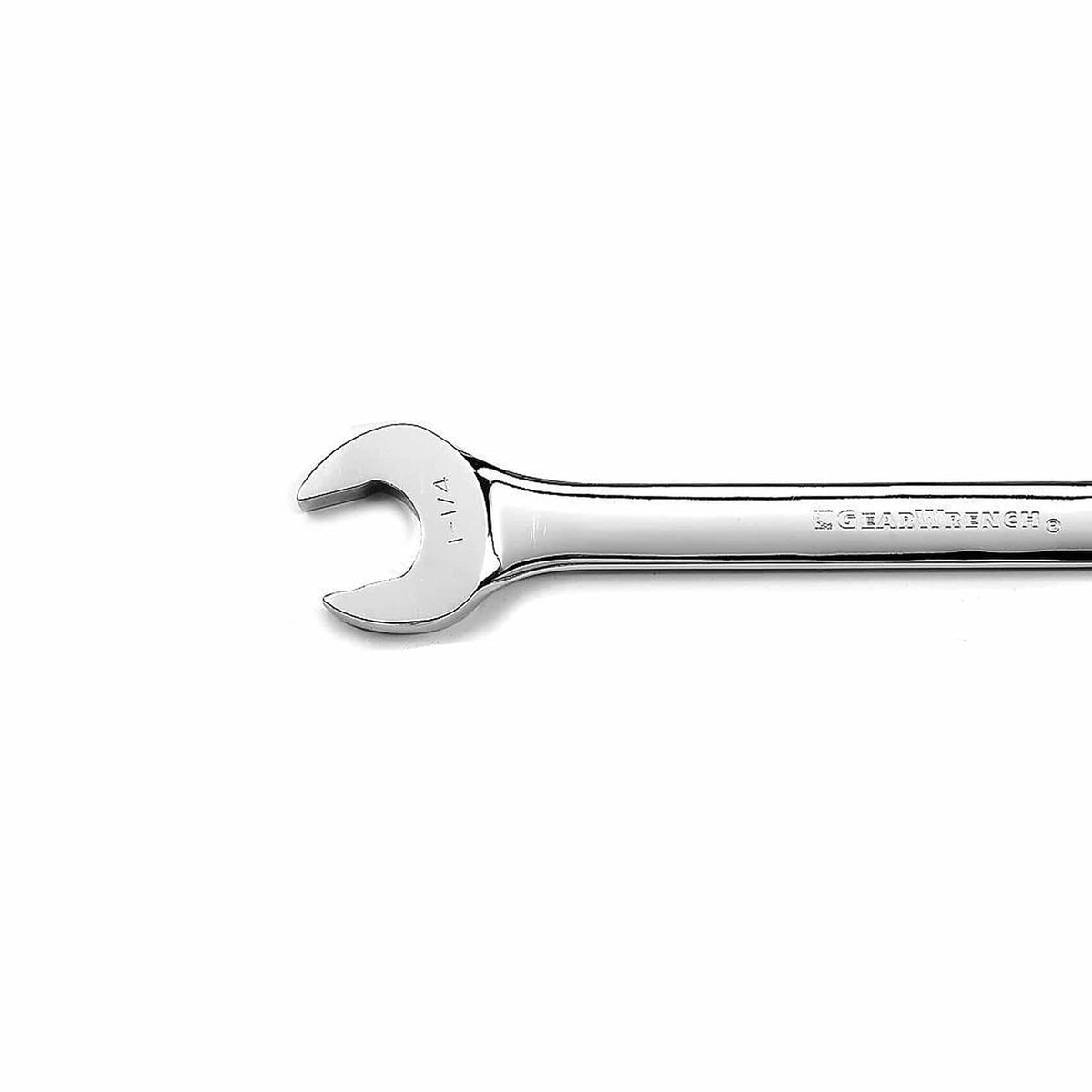 Open-end wrench with a polished metal finish and “GEARWRENCH” branding on the handle. The 1-1/4" jaw is designed for gripping and turning fasteners. Commonly used in mechanical and construction work for high-strength fastening.