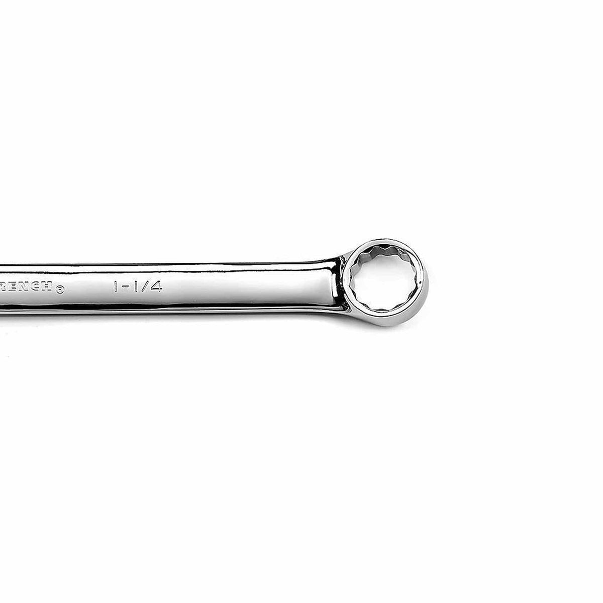 Chrome-finished box-end wrench with “1-1/4” size marking engraved on the handle. The enclosed end has internal grooves for gripping bolts or nuts. Designed for mechanical and automotive applications requiring high torque.