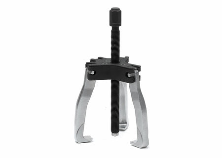 Three-jaw gear puller tool with central threaded screw and adjustable arms. Used for removing press-fitted components such as gears, pulleys, and bearings from shafts in automotive and mechanical repair.