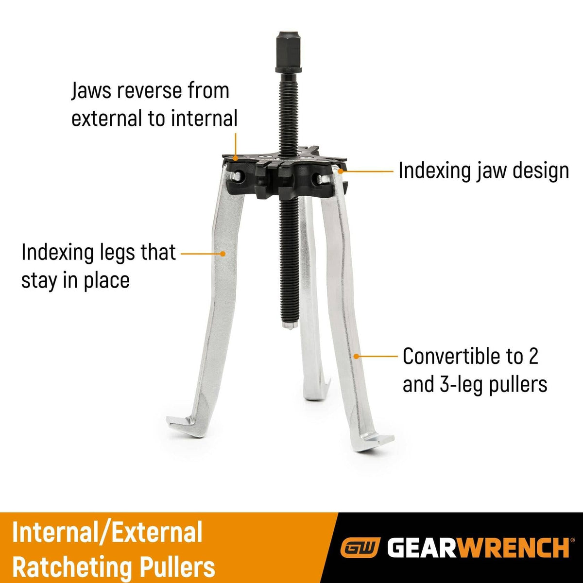 Labeled diagram of the GEARWRENCH ratcheting puller tool showing key features: reversible jaws for internal/external use, indexing jaw design, legs that lock into position, and convertible 2- or 3-leg setup. Designed for removing gears, pulleys, and bearings.