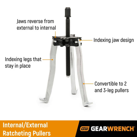 Labeled diagram of the GEARWRENCH ratcheting puller tool showing key features: reversible jaws for internal/external use, indexing jaw design, legs that lock into position, and convertible 2- or 3-leg setup. Designed for removing gears, pulleys, and bearings.