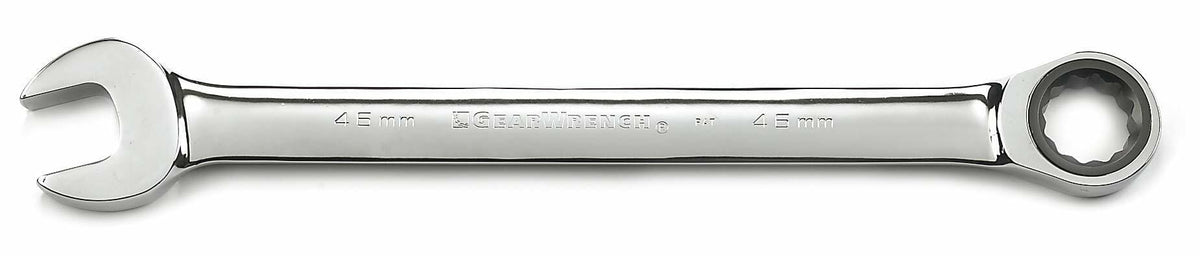 Gedore 45 mm combination wrench with open-end and box-end design. Polished metal surface reflects light, and the tool is labeled “Gedore 45 mm.” Suitable for high-torque fastening in industrial or automotive applications.