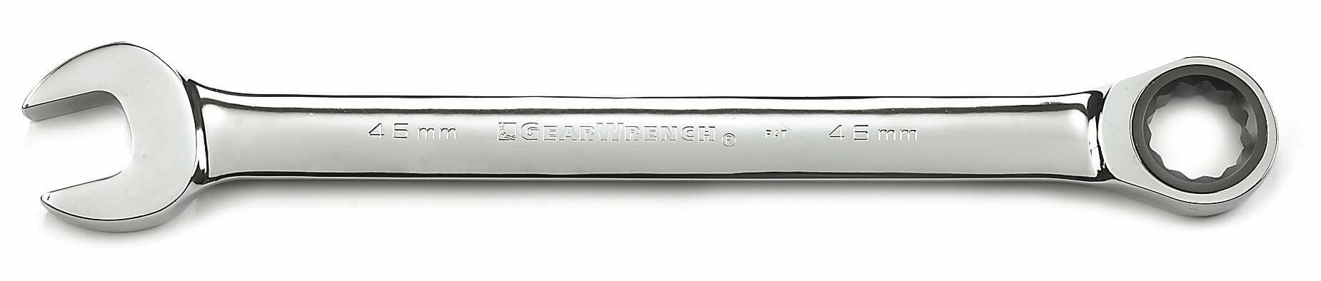 Gedore 45 mm combination wrench with open-end and box-end design. Polished metal surface reflects light, and the tool is labeled “Gedore 45 mm.” Suitable for high-torque fastening in industrial or automotive applications.