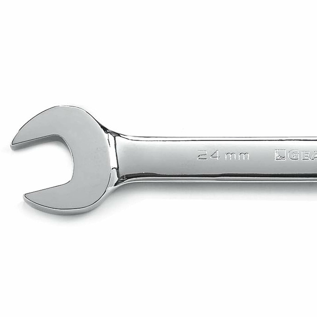 Chrome-plated 24 mm open-end wrench with engraved size marking and partial “GEAR” branding. Designed for gripping flat sides of bolts or nuts, commonly used in mechanical and automotive repair tasks.