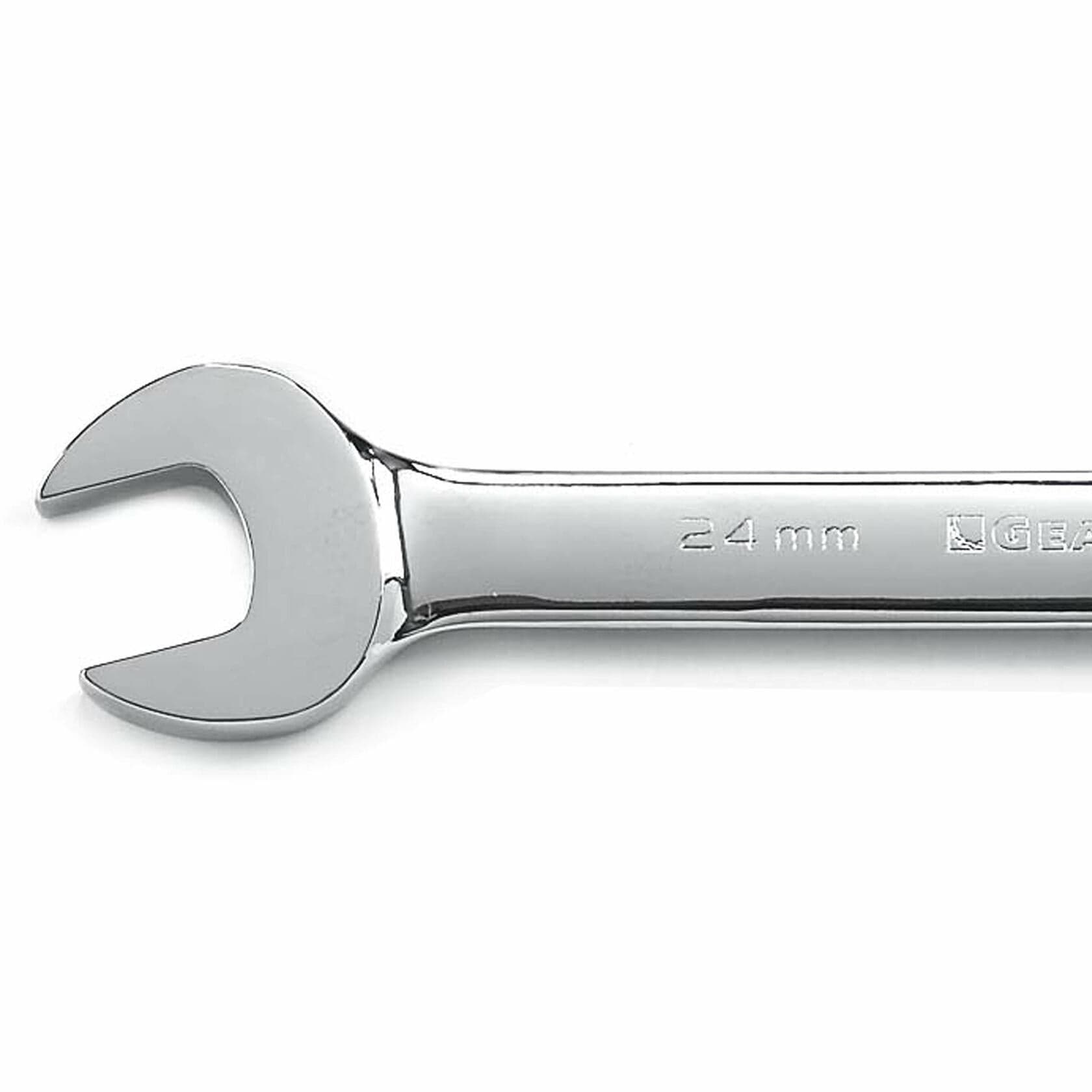 Chrome-plated 24 mm open-end wrench with engraved size marking and partial “GEAR” branding. Designed for gripping flat sides of bolts or nuts, commonly used in mechanical and automotive repair tasks.
