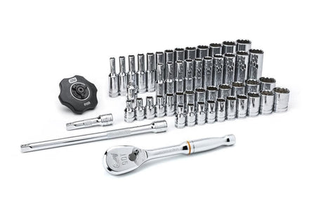 A complete 51-piece GEARWRENCH 1/4 inch drive mechanics tool set including a 90-tooth ratchet, standard and deep 12-point SAE and metric sockets, extensions, and a thumbwheel ratchet, all in a full-polish chrome finish.