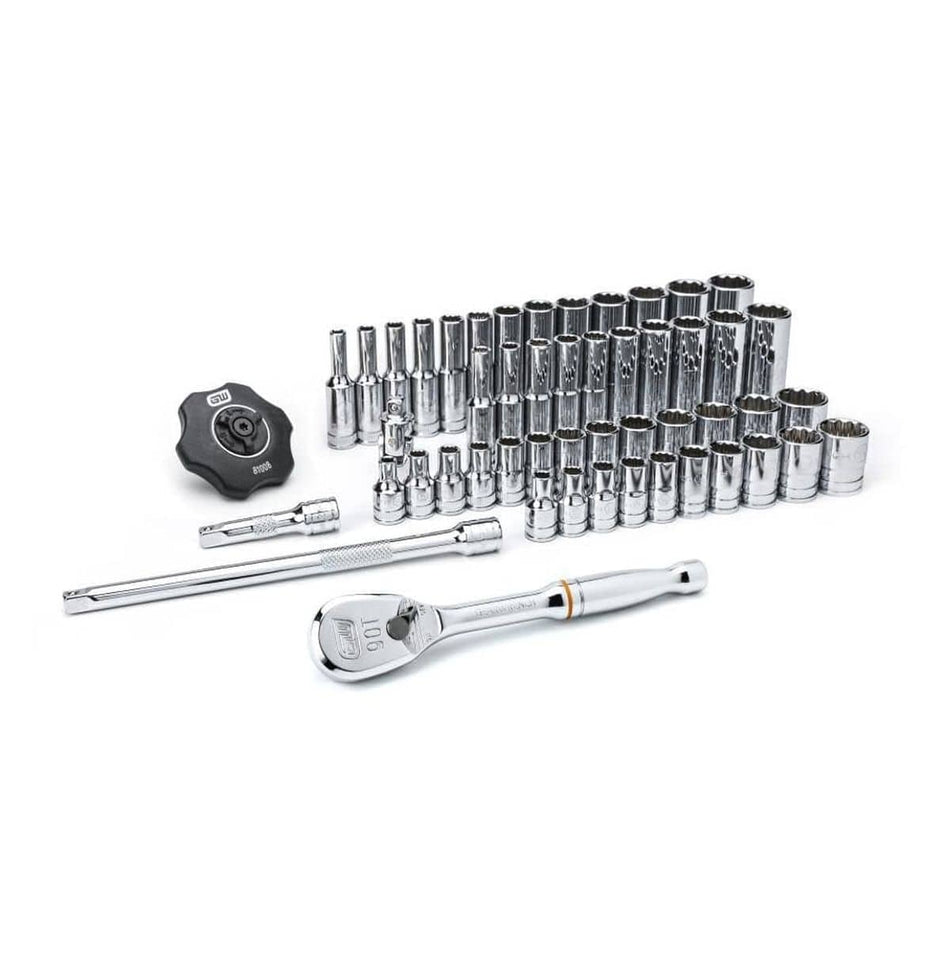 A complete 51-piece GEARWRENCH 1/4 inch drive mechanics tool set including a 90-tooth ratchet, standard and deep 12-point SAE and metric sockets, extensions, and a thumbwheel ratchet, all in a full-polish chrome finish.