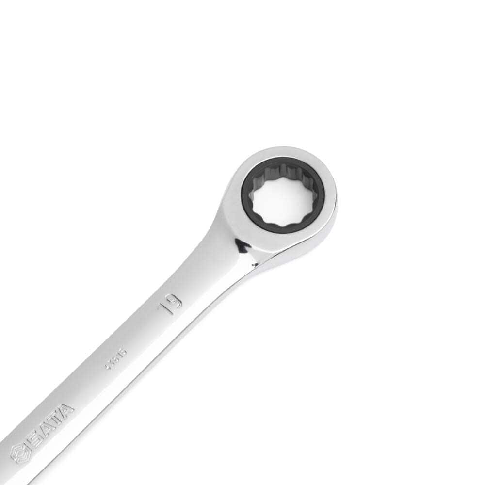 A close-up view of the 19mm box end of a GEARWRENCH professional combination wrench featuring a high-precision 12-point opening and a reflective full-polish chrome alloy steel finish.