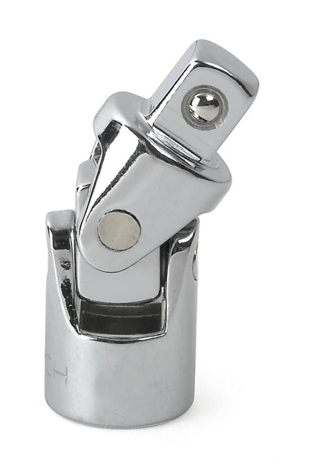 A detailed shot of a GEARWRENCH 1/4 inch drive universal joint accessory, showcasing the swivel ball design and high-polish chrome finish for accessing fasteners at difficult angles.