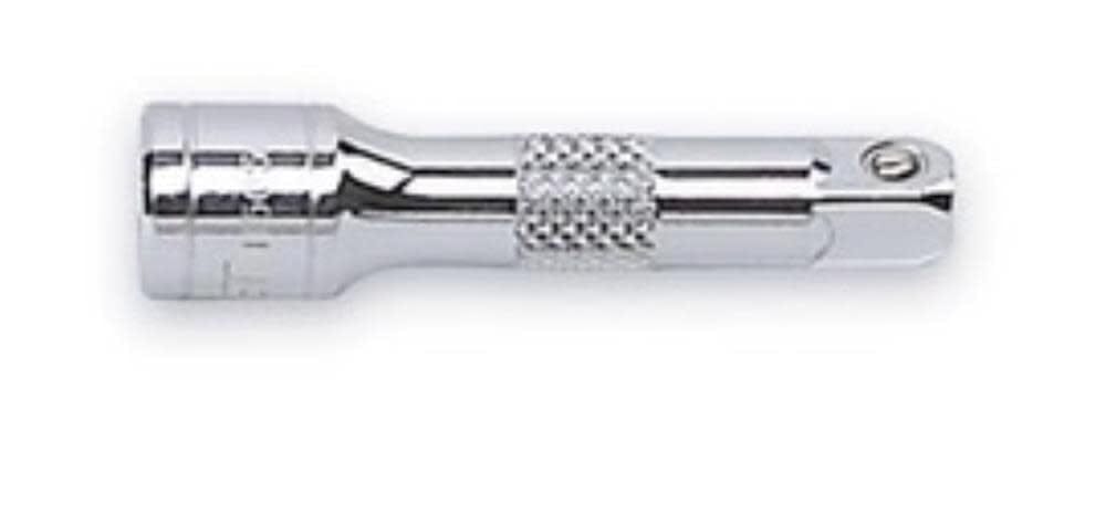 A close-up of a GEARWRENCH 1/4 inch drive extension bar featuring a knurled grip section and a professional full-polish chrome finish for increased reach in engine bays.