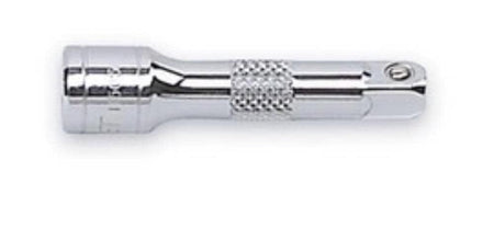 A close-up of a GEARWRENCH 1/4 inch drive extension bar featuring a knurled grip section and a professional full-polish chrome finish for increased reach in engine bays.