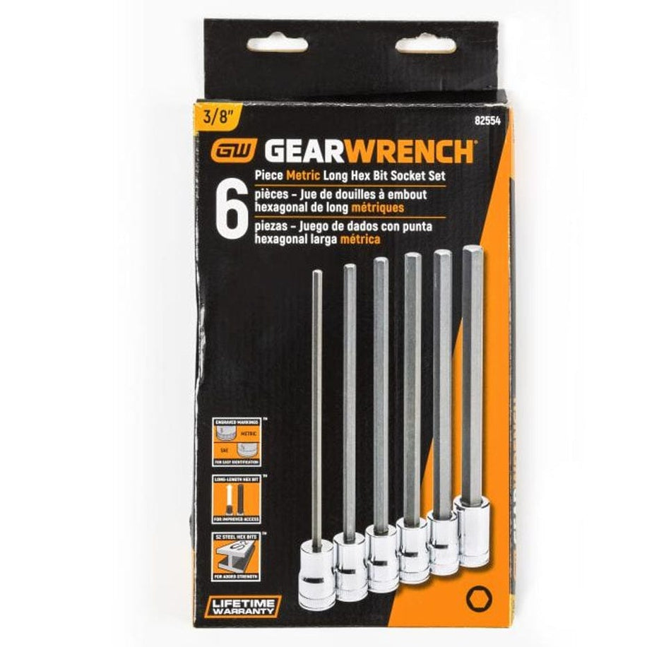 The retail packaging for the GEARWRENCH 6-piece 3/8-inch drive Metric Long Hex Bit Socket Set (82554), featuring the sizes and key features like "S2 Steel Hex Bits" and "Long Length Hex Bit."