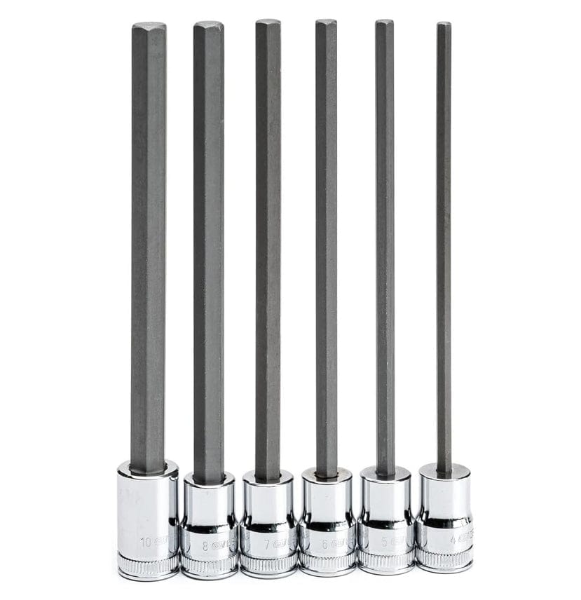 The six long metric hex bit sockets standing upright in a row, showing the size markings (10mm to 4mm) stamped on the chrome socket holders.