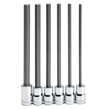 The six long metric hex bit sockets standing upright in a row, showing the size markings (10mm to 4mm) stamped on the chrome socket holders.