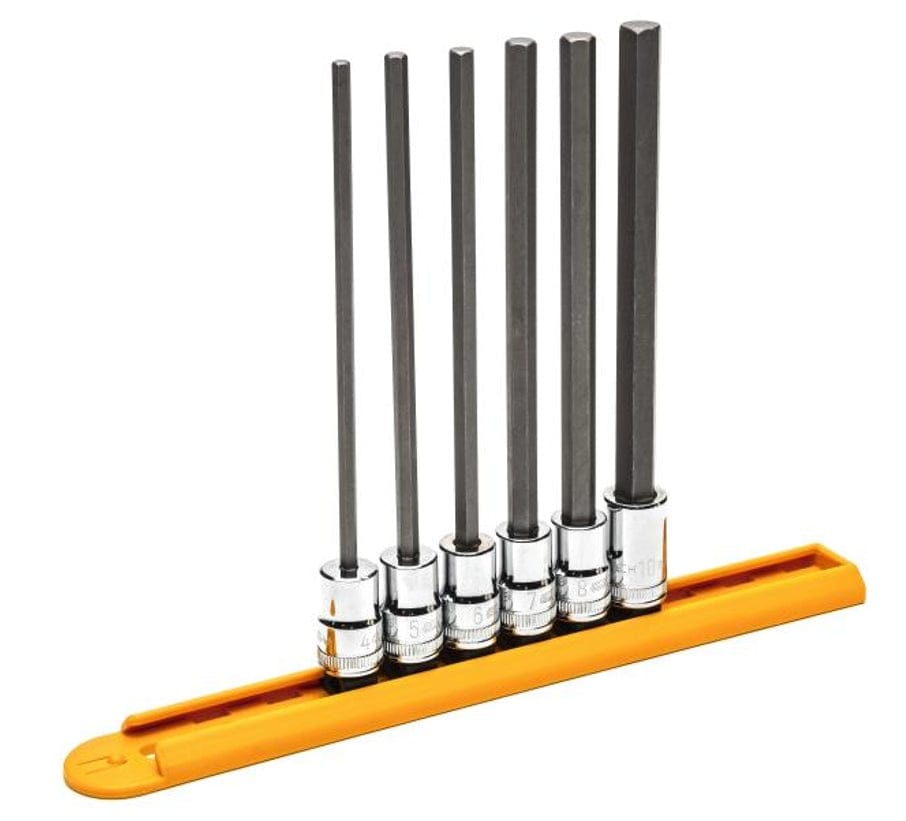 The GEARWRENCH 6-piece long metric hex bit socket set secured on its orange plastic storage rail, showing the varying lengths of the black oxide S2 steel bits and the chrome socket holders.