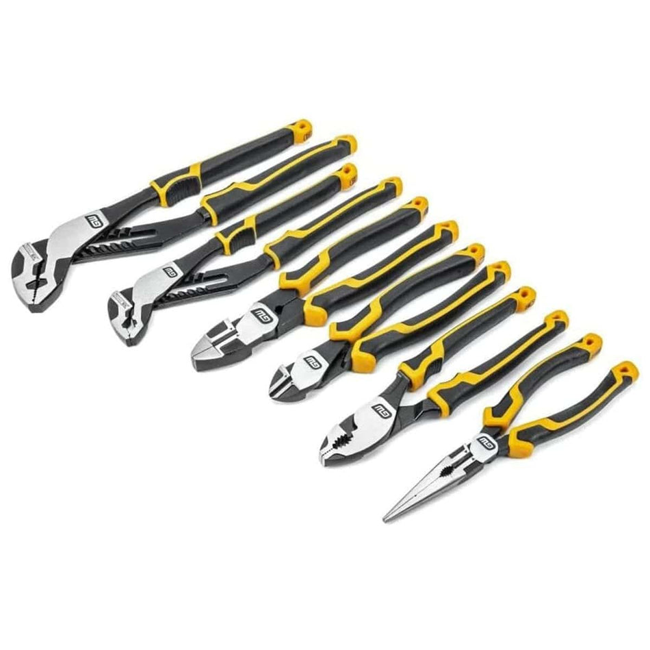 The complete 6-piece GEARWRENCH PITBULL plier set, including tongue and groove, diagonal, linesman, and needle nose pliers, arranged on a white background.
