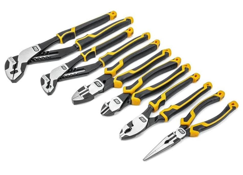 The complete 6-piece GEARWRENCH PITBULL plier set, including tongue and groove, diagonal, linesman, and needle nose pliers, arranged on a white background.