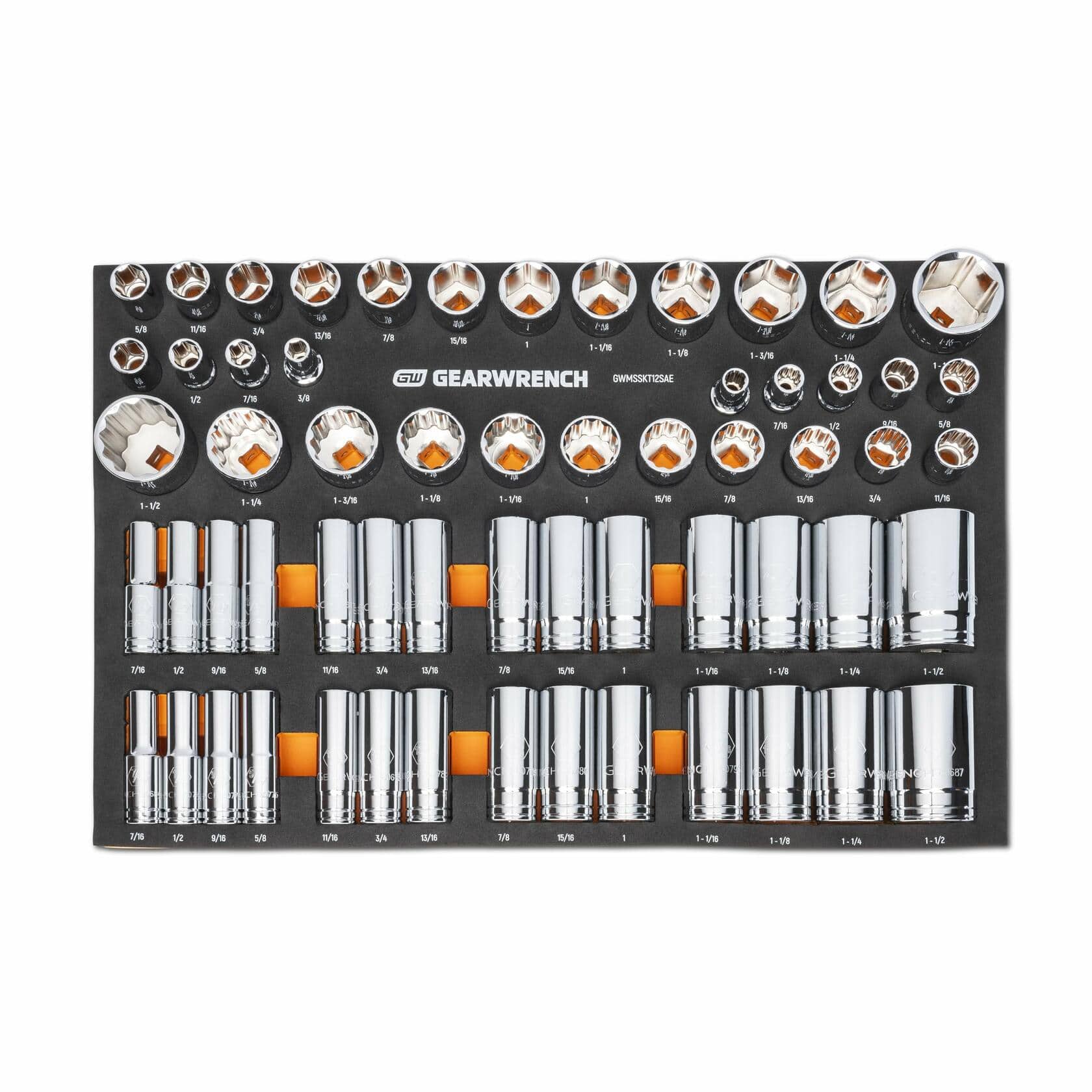 EARWRENCH 1/2-inch drive SAE socket set in black foam tray with orange clips; includes standard and deep sockets organized by size from 3/8 inch to 1-1/4 inch for modular tool chest integration.