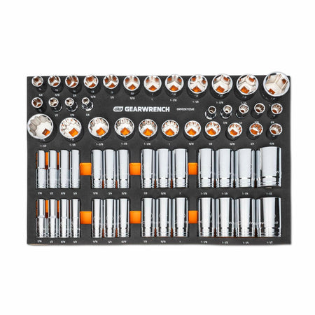 EARWRENCH 1/2-inch drive SAE socket set in black foam tray with orange clips; includes standard and deep sockets organized by size from 3/8 inch to 1-1/4 inch for modular tool chest integration.