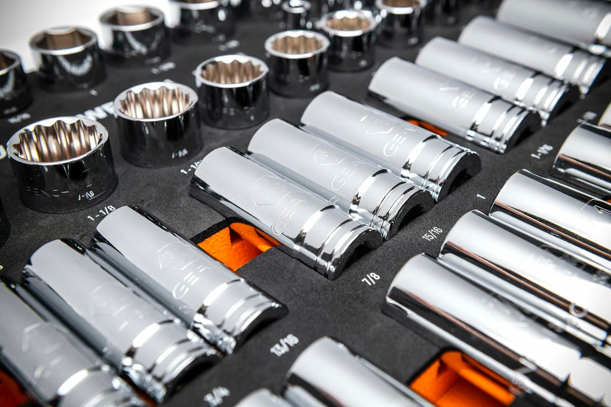GEARWRENCH chrome SAE sockets arranged in a foam tray with labeled slots; sizes range from 3/8 inch to 15/16 inch, organized in rows for efficient tool access and inventory control