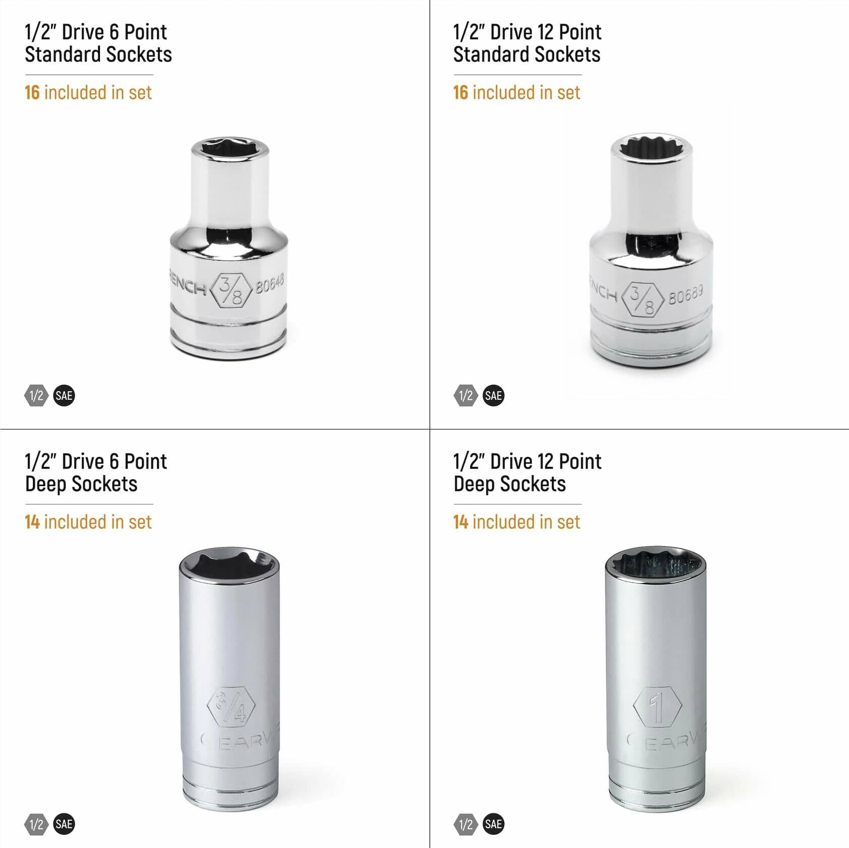 Promotional graphic showing four socket types included in the GEARWRENCH 60-piece SAE set: 6-point standard, 12-point standard, 6-point deep, and 12-point deep sockets; each labeled with drive size and quantity.