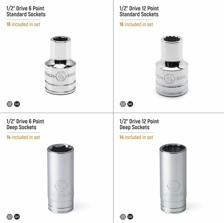 Promotional graphic showing four socket types included in the GEARWRENCH 60-piece SAE set: 6-point standard, 12-point standard, 6-point deep, and 12-point deep sockets; each labeled with drive size and quantity.