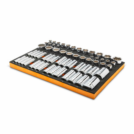 Chrome socket set organized in yellow foam tray; includes standard and deep sockets arranged in rows by size and type, with specialty sockets included for comprehensive mechanical coverage