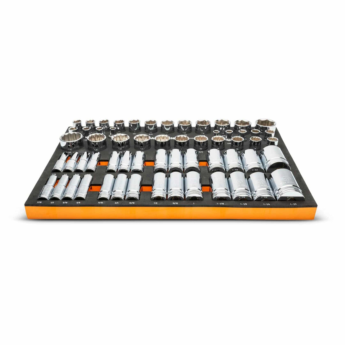 Socket wrench set in foam tray featuring polished chrome sockets in both shallow and deep formats; sockets arranged by size with labeled cutouts for easy identification and modular storage.