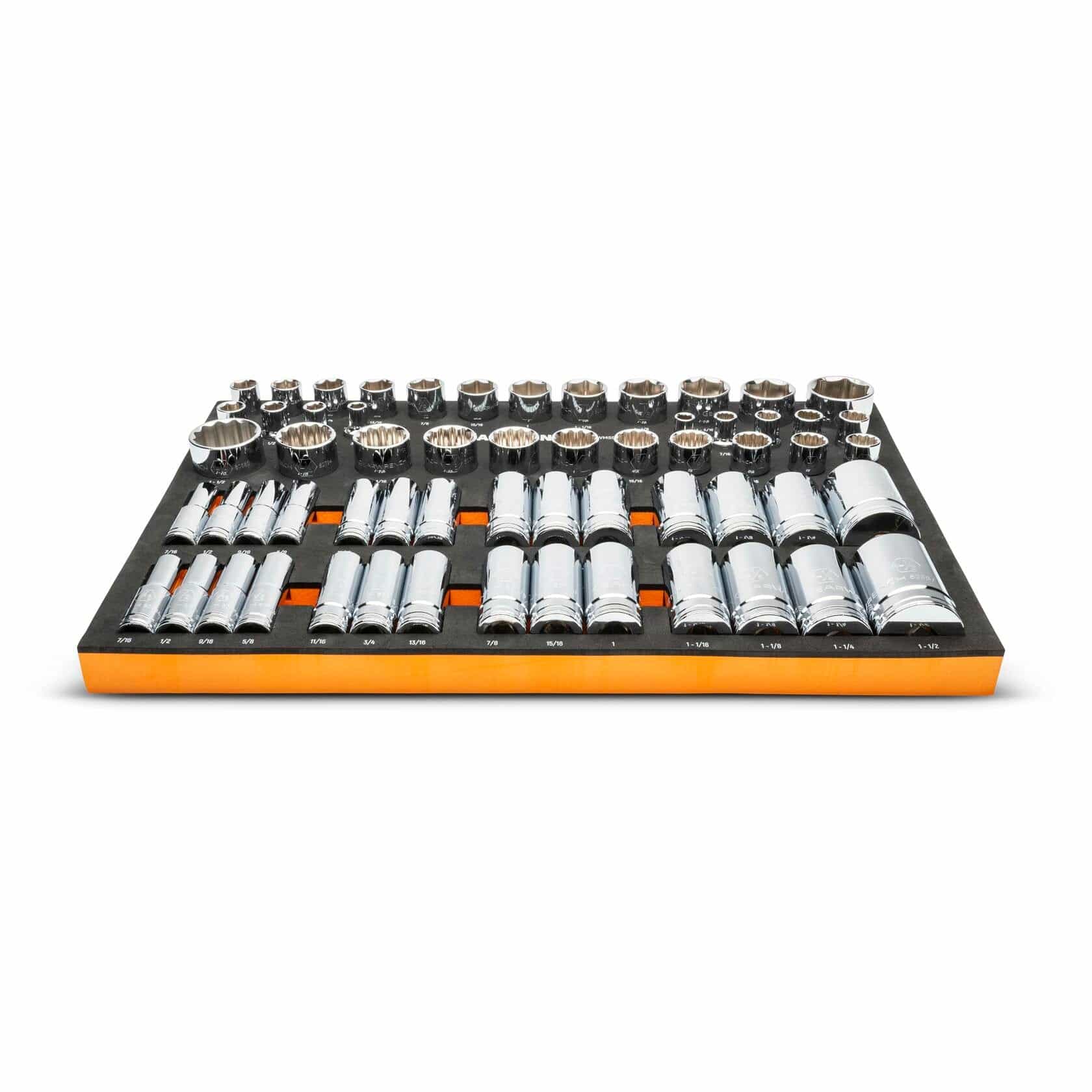 Socket wrench set in foam tray featuring polished chrome sockets in both shallow and deep formats; sockets arranged by size with labeled cutouts for easy identification and modular storage.
