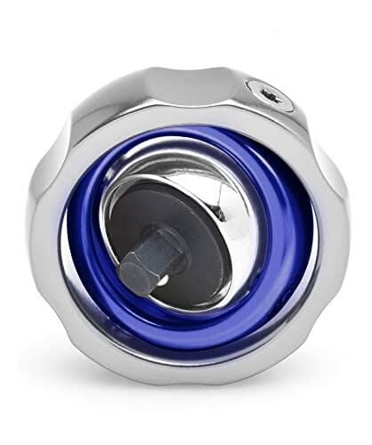 Close-up of a specialized socket with a hexagonal opening and blue inner ring. The outer casing is contoured for grip and includes a visible fastener. Designed for high-torque or precision fastening applications in mechanical or automotive settings.