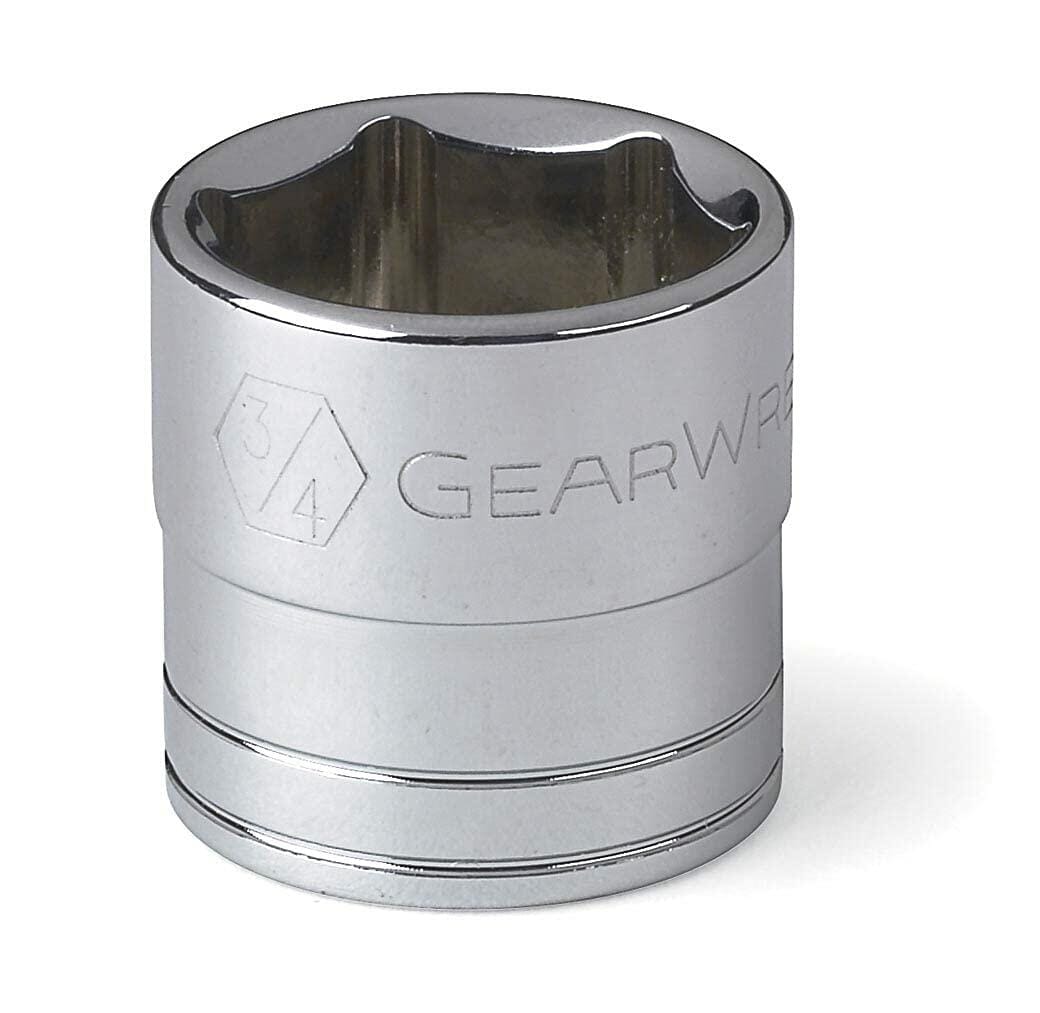 Chrome-finished 3/4" drive socket with hexagonal opening. Engraved with “3/4” inside a hex symbol and branded “GEARWRENCH.” Used for turning nuts and bolts with compatible ratchets or torque wrenches in mechanical work.