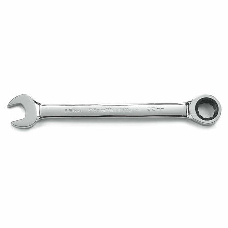 Ratcheting combination wrench with open-end and box-end design. The box end includes a ratcheting mechanism for continuous turning. Marked “22 mm” and branded “GearWrench,” ideal for metric fasteners in automotive and machinery maintenance.