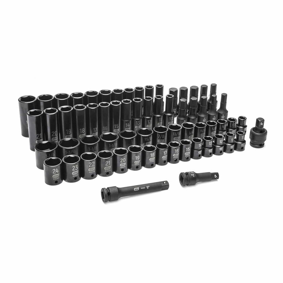 Organized set of black impact sockets and accessories arranged in rows. Includes shallow and deep sockets with white size markings, plus adapters and extensions. Designed for impact wrench use.