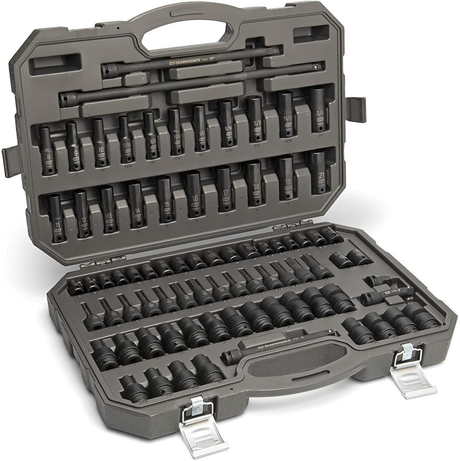 Comprehensive socket set in a hard plastic case. Includes deep and shallow impact sockets, extensions, and universal joint. Sizes range from 10mm to 24mm. Organized for portability and protection.