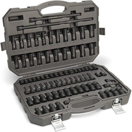 Comprehensive socket set in a hard plastic case. Includes deep and shallow impact sockets, extensions, and universal joint. Sizes range from 10mm to 24mm. Organized for portability and protection.