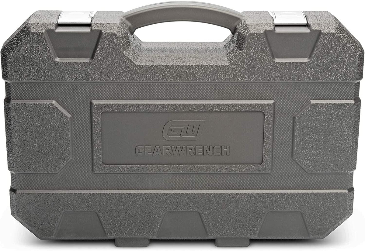 GEARWRENCH-branded hard plastic carrying case with textured surface, metal latches, and molded handle. Designed for storing and transporting socket sets securely.