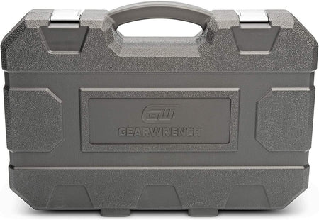 GEARWRENCH-branded hard plastic carrying case with textured surface, metal latches, and molded handle. Designed for storing and transporting socket sets securely.