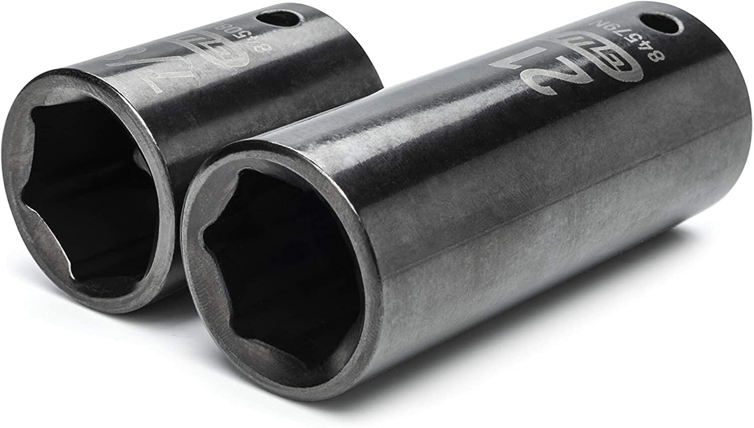 Two deep impact sockets labeled 21mm and 19mm with six-point design. Made from chrome molybdenum steel for durability. Ideal for accessing recessed fasteners in automotive applications.