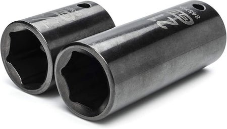 Two deep impact sockets labeled 21mm and 19mm with six-point design. Made from chrome molybdenum steel for durability. Ideal for accessing recessed fasteners in automotive applications.