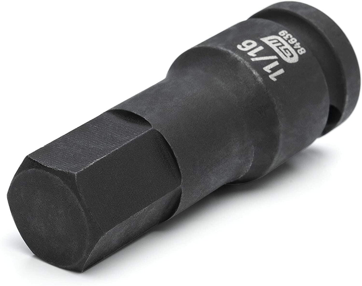 7/16-inch impact hex bit socket with black oxide finish. Made from chrome molybdenum steel for high torque applications. Marked with size and model number for easy identification