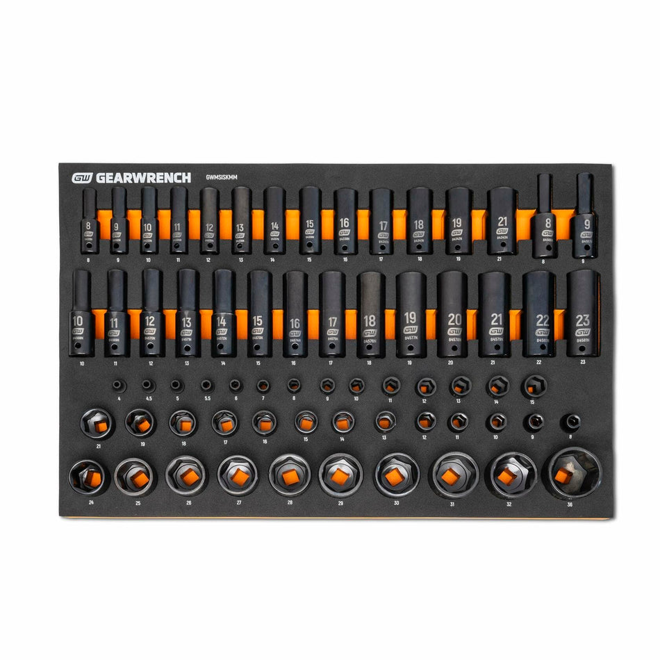 GEARWRENCH impact socket set in black foam tray with orange accents; includes shallow and deep sockets labeled from 10mm to 24mm, plus drive tools numbered 1 through 8 for modular storage.