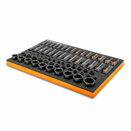Impact sockets and extensions organized in a black and orange foam tray; includes deep and shallow sockets, socket extensions, and universal joints labeled for quick identification.