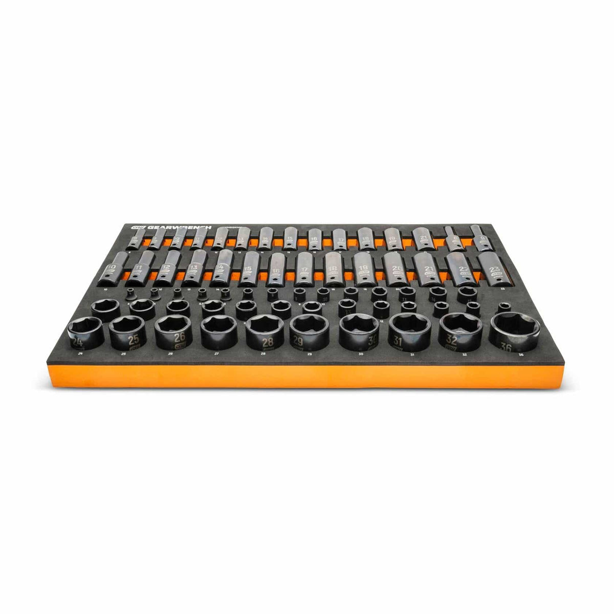 Comprehensive socket and bit set arranged in a black foam tray with orange edges; includes shallow and deep sockets, bit sockets, and accessories labeled by size for mechanical work.