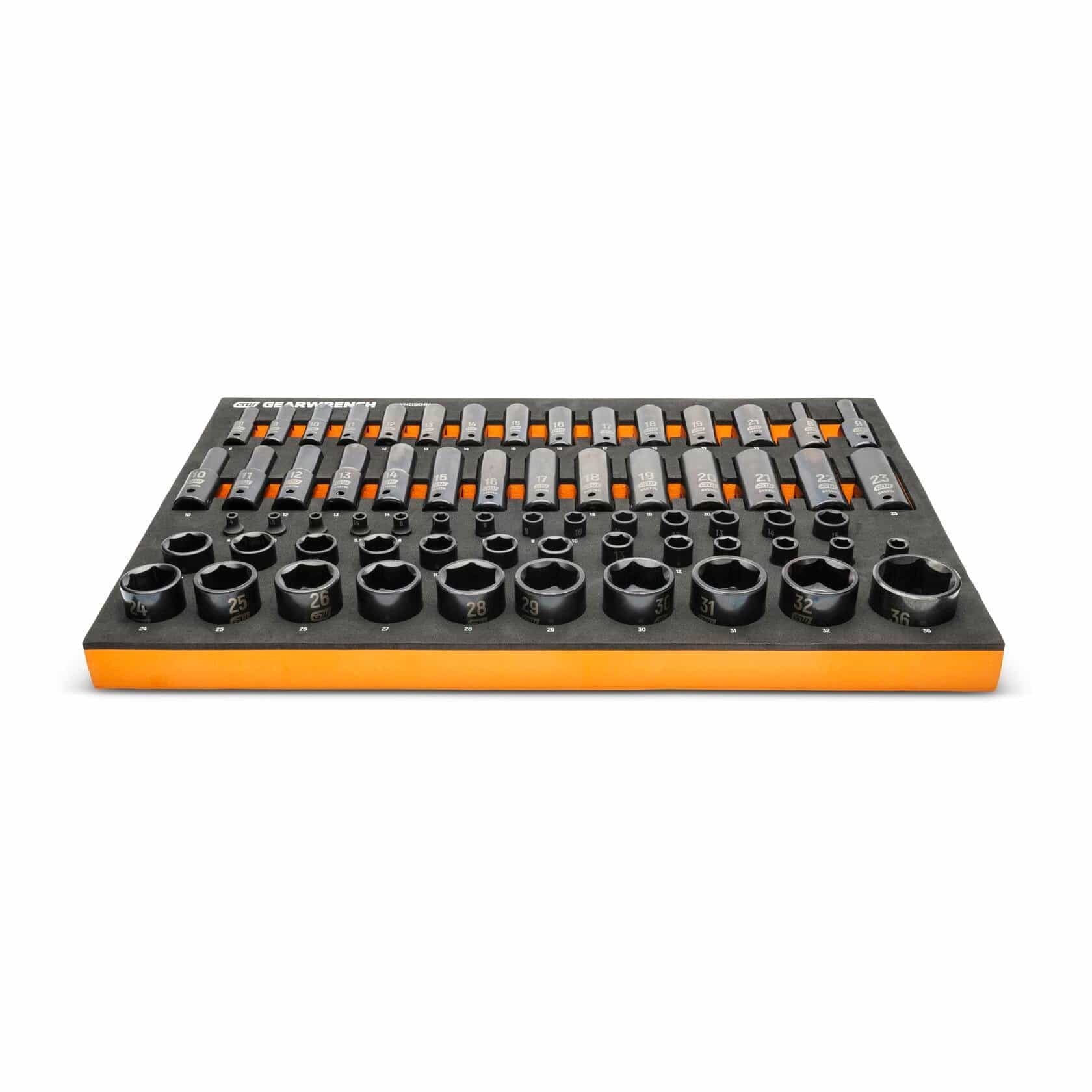 Comprehensive socket and bit set arranged in a black foam tray with orange edges; includes shallow and deep sockets, bit sockets, and accessories labeled by size for mechanical work.