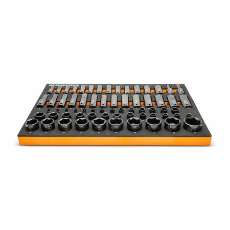 Comprehensive socket and bit set arranged in a black foam tray with orange edges; includes shallow and deep sockets, bit sockets, and accessories labeled by size for mechanical work.