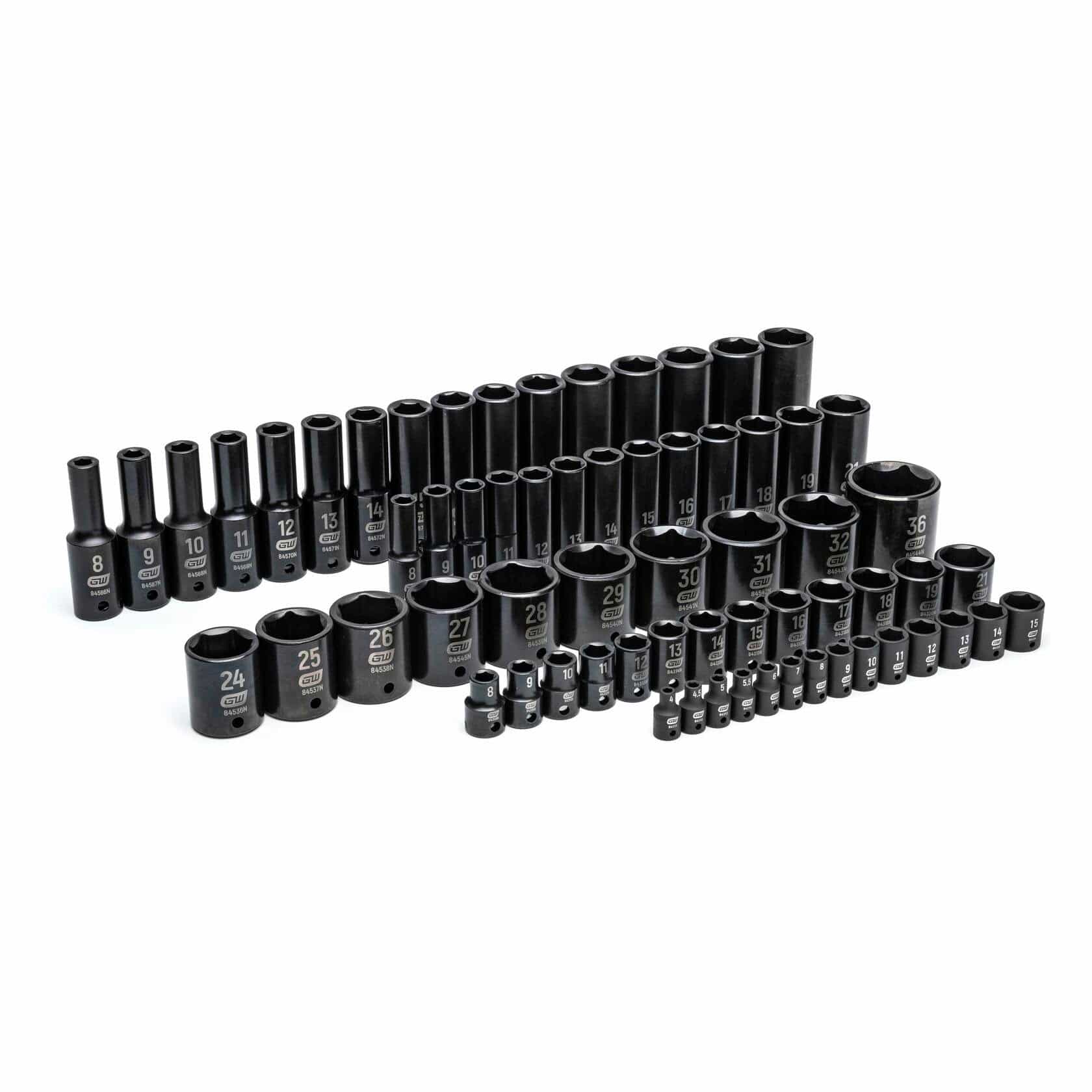 Full set of black impact sockets arranged in rows by size from 8mm to 36mm; includes shallow and deep sockets with accessories for automotive and industrial fastening tasks.